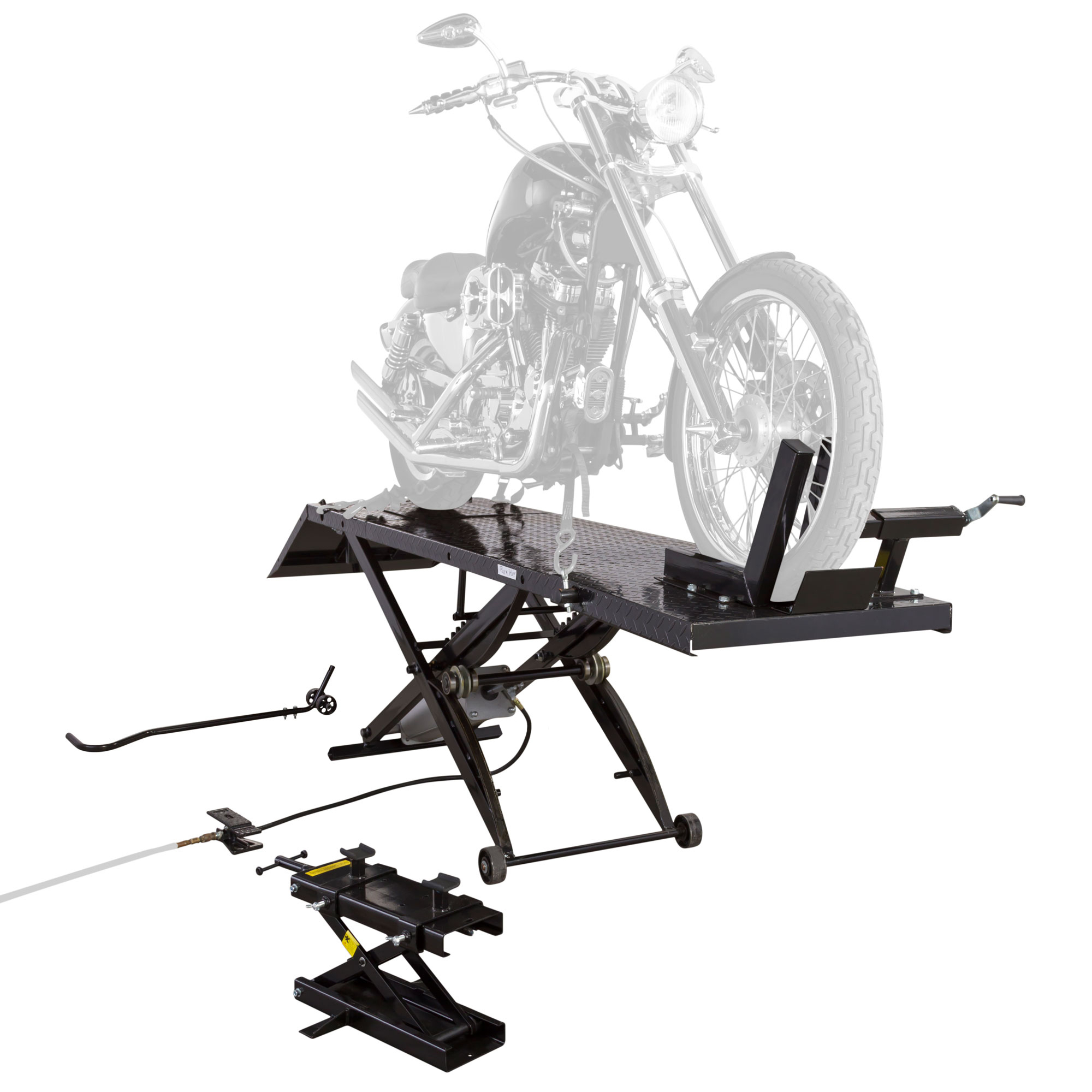 Black Widow, Extra Long Pneumatic Motorcycle Lift Table - 1000 lb Cap, Capacity 1000 lb, Max. Lift Range 33 in, Material Steel, Model# BW-1000A-XL - Greg Smith Equipment Sales