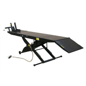 Atlas Automotive Equipment Portable Motorcycle Lift — 1,000-Lb. Capacity, 33in. Full Lift Height, 93in. Table Length, Air-Operated, Diamond Plate Surface, Front Wheel Vise, Removable Rear Section, Model# ATEHT-CYCLELIFT-FPD