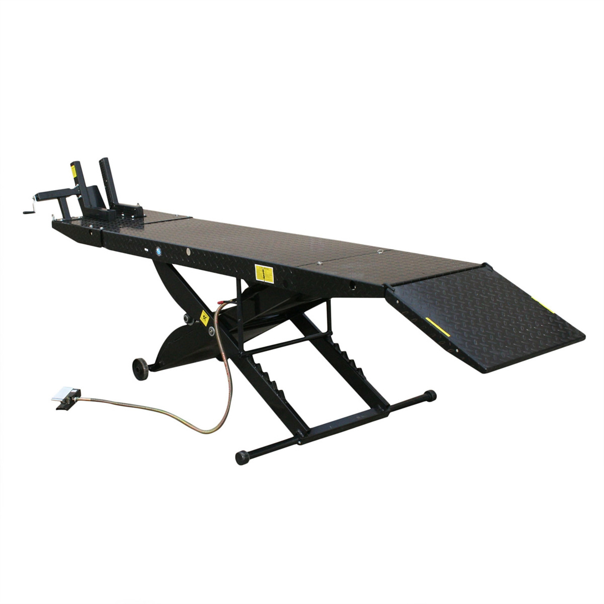Atlas Automotive Equipment Portable Motorcycle Lift — 1,000-Lb. Capacity, 33in. Full Lift Height, 93in. Table Length, Air-Operated, Diamond Plate Surface, Front Wheel Vise, Removable Rear Section, Model# ATEHT-CYCLELIFT-FPD - Greg Smith Equipment Sales