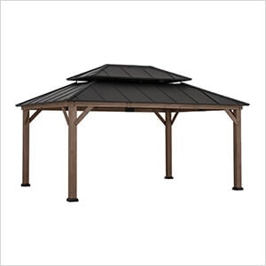 12 x 16 Wooden 2-Tier Aluminum Hardtop Gazebo with Ceiling Hook (Black Roof)